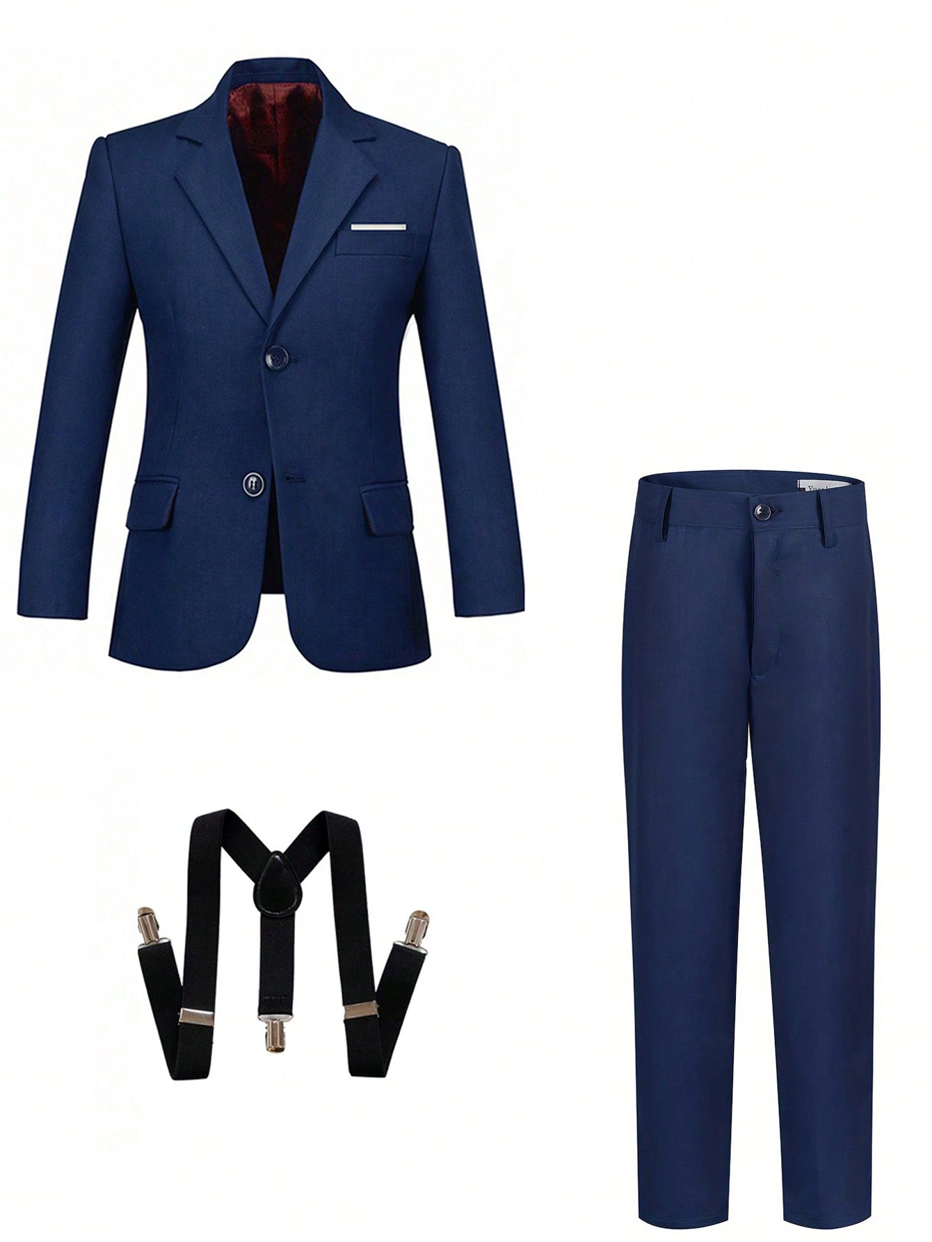 Tween Boy Handsome Navy Blue Three-Piece Suit Set With Suit Jacket, Pants And Suspenders