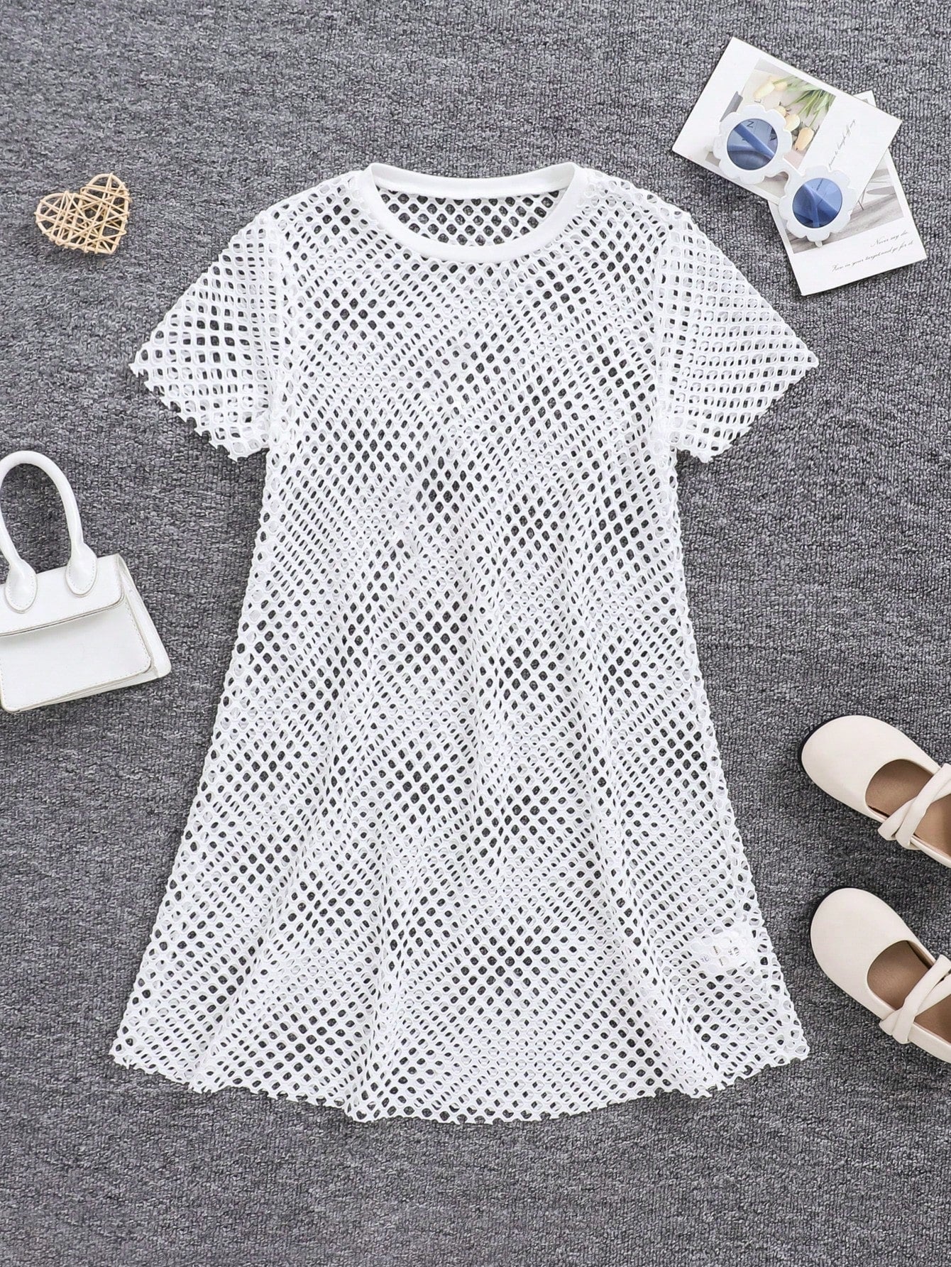 Tween Girl's Casual Knitted Mesh Round Neck Short Sleeve Cover Up