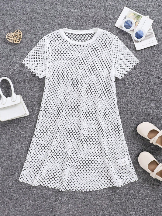 Tween Girls' Casual Knit Mesh Crewneck Short Sleeve Cover Up Top For Daily Wear