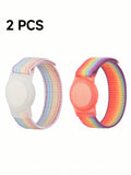 Compatible With Apple AirTag Bracelet For Kids, 2 Packs Nylon GPS Tracker Holder Protective Case Air Tag Wristband With Adjustable Hook & Loop Watch Band For Toddlers Girls Boys Elders,Rainbow Colours