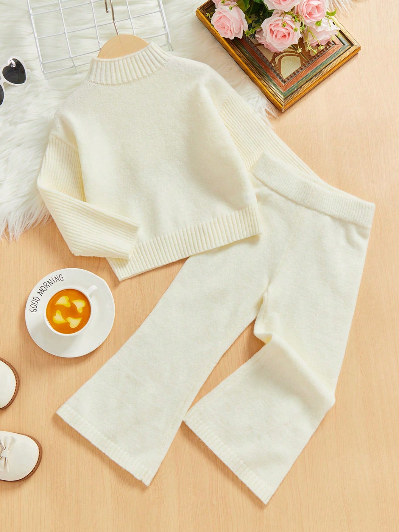 Young Girl Ribbed Knit Drop Shoulder Sweater & Flare Leg Knit Pants