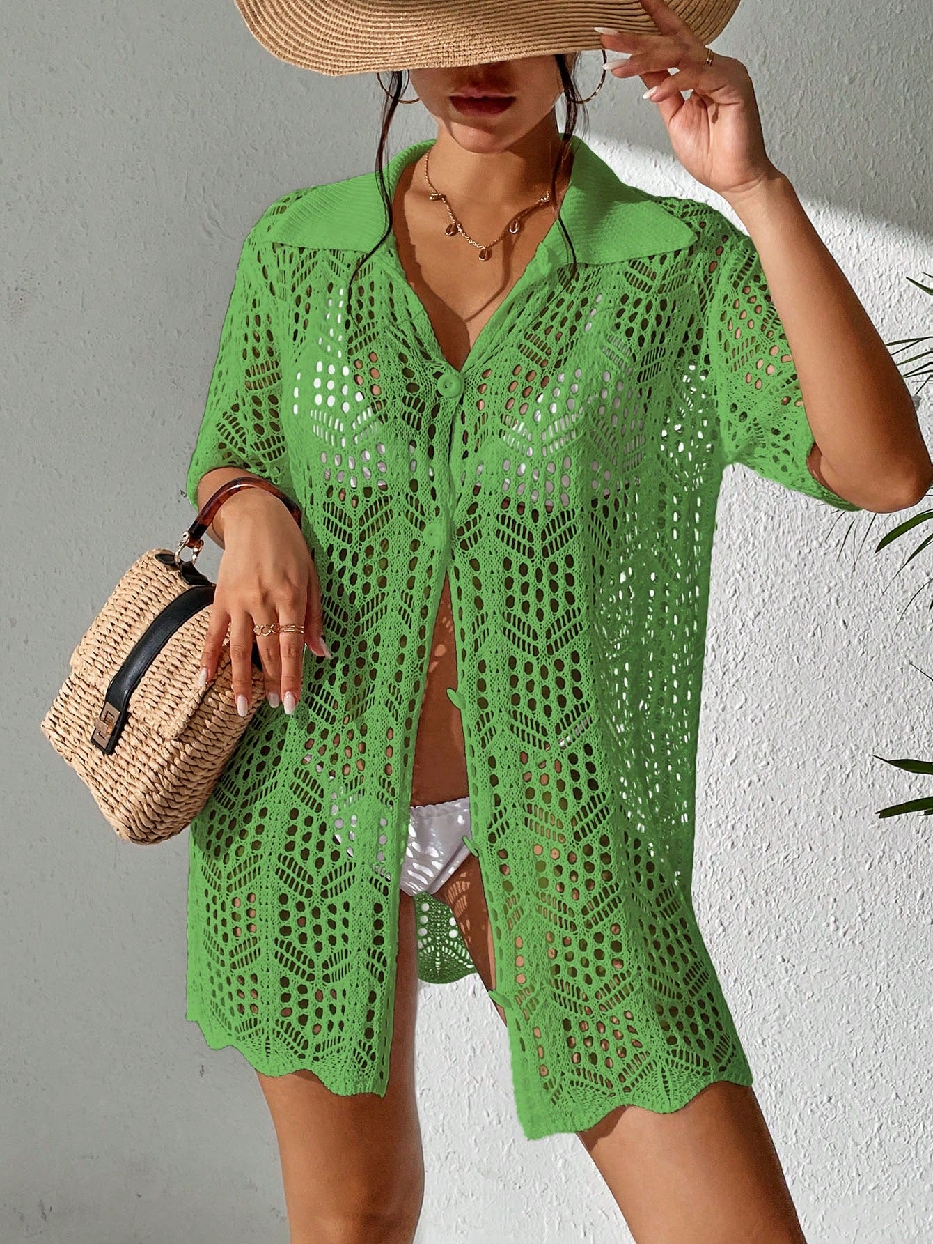 Swim Women Knitted Button-Up Short Sleeve Summer Beach Vacation Casual Kimono