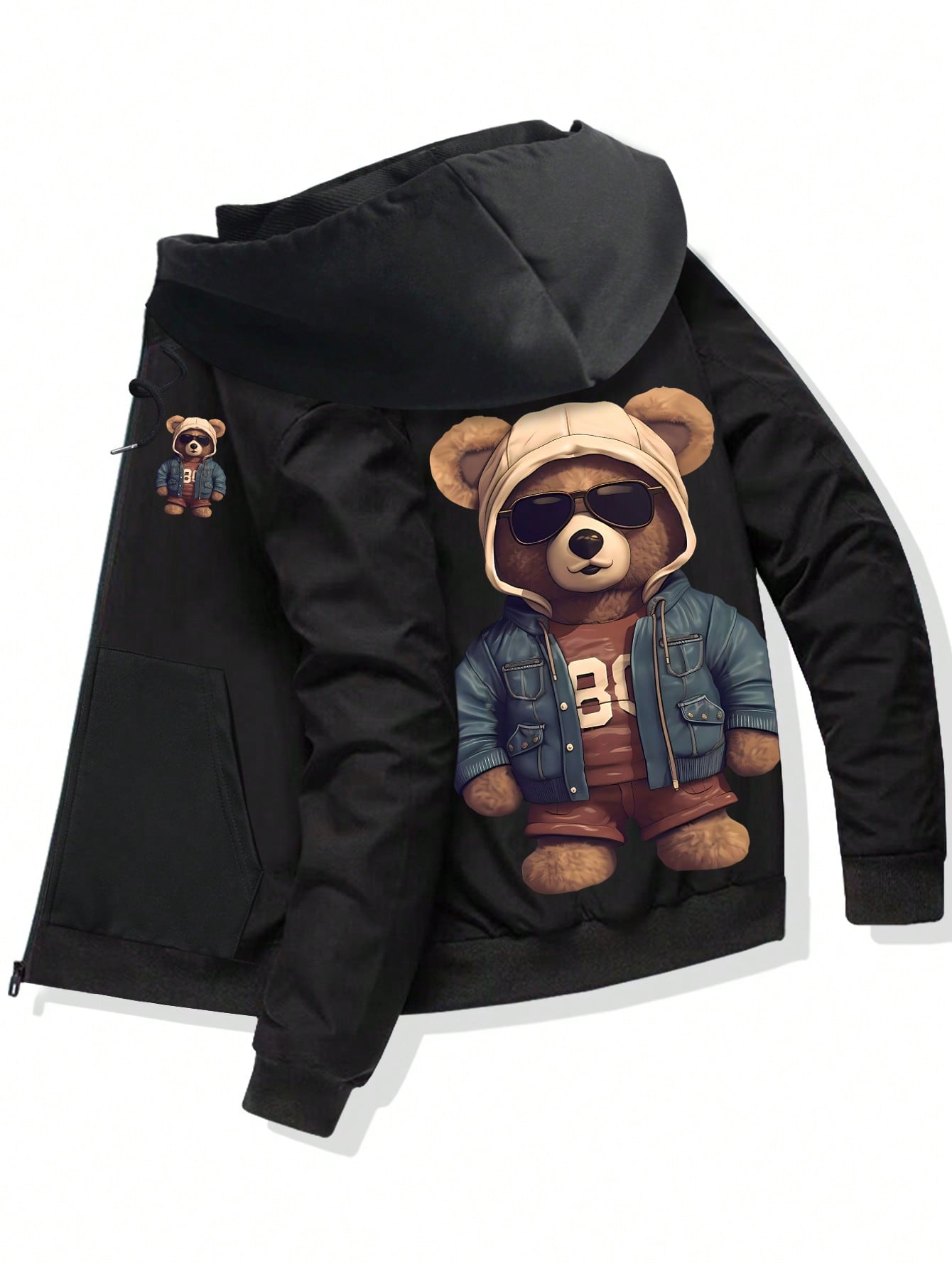 Men's Hooded Jacket With Cartoon Bear Print And Drawstring