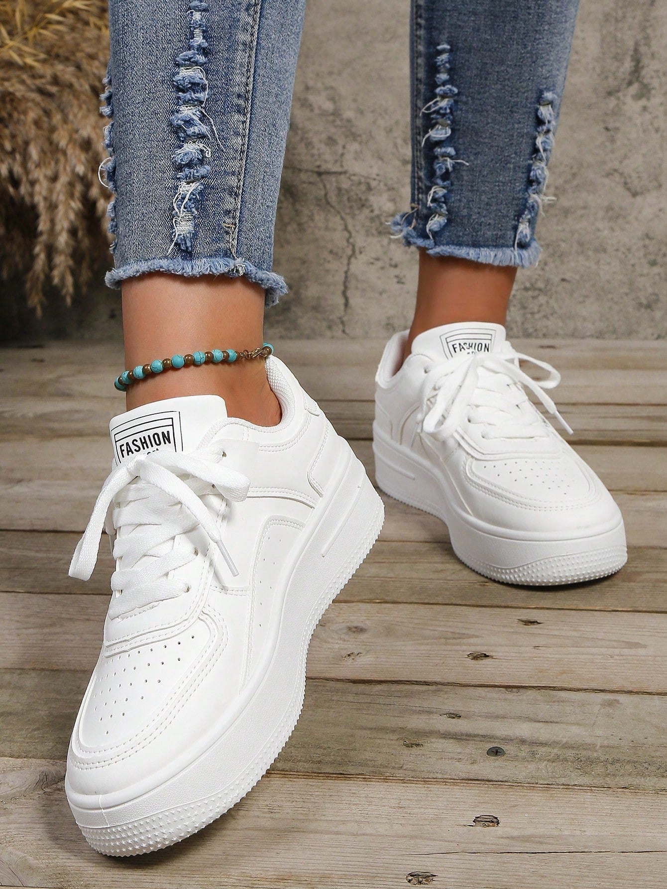 Spring Autumn Fashionable Casual White Shoes With Color Block Design, Thick Sole, Front Lace-Up Closure For Girls