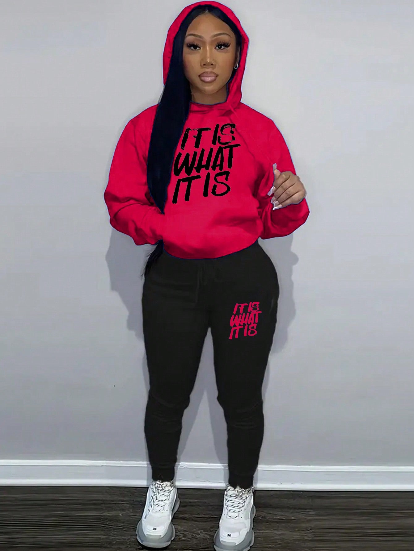 Women's Hooded Sweatshirt And Sweatpants Set With Slogan Print