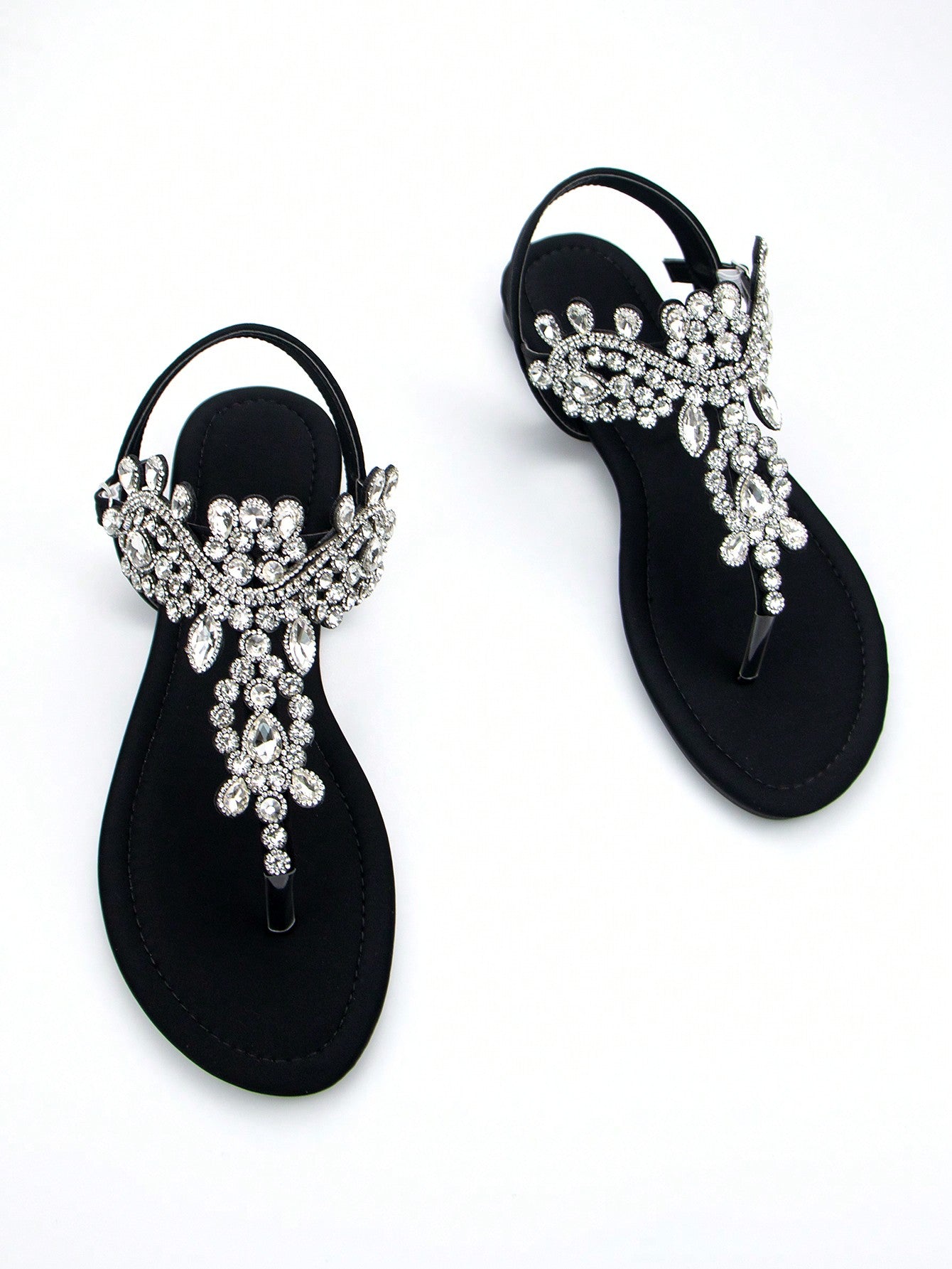 Women Rhinestone Decor Ankle Strap Thong Sandals, Glamorous Summer Flat Sandals