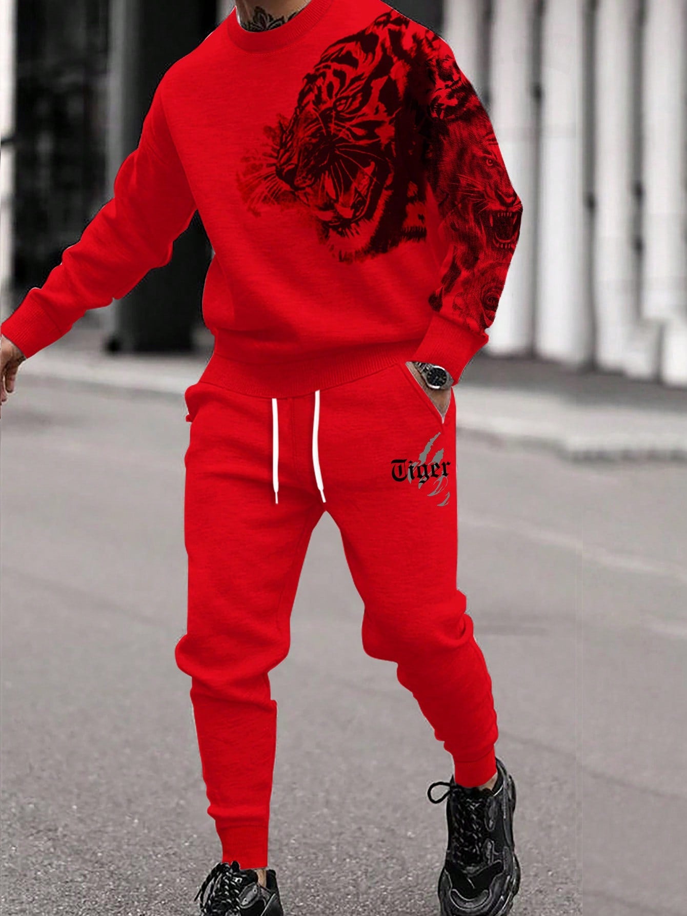 Men Tiger Print Sweatshirt & Drawstring Waist Sweatpants