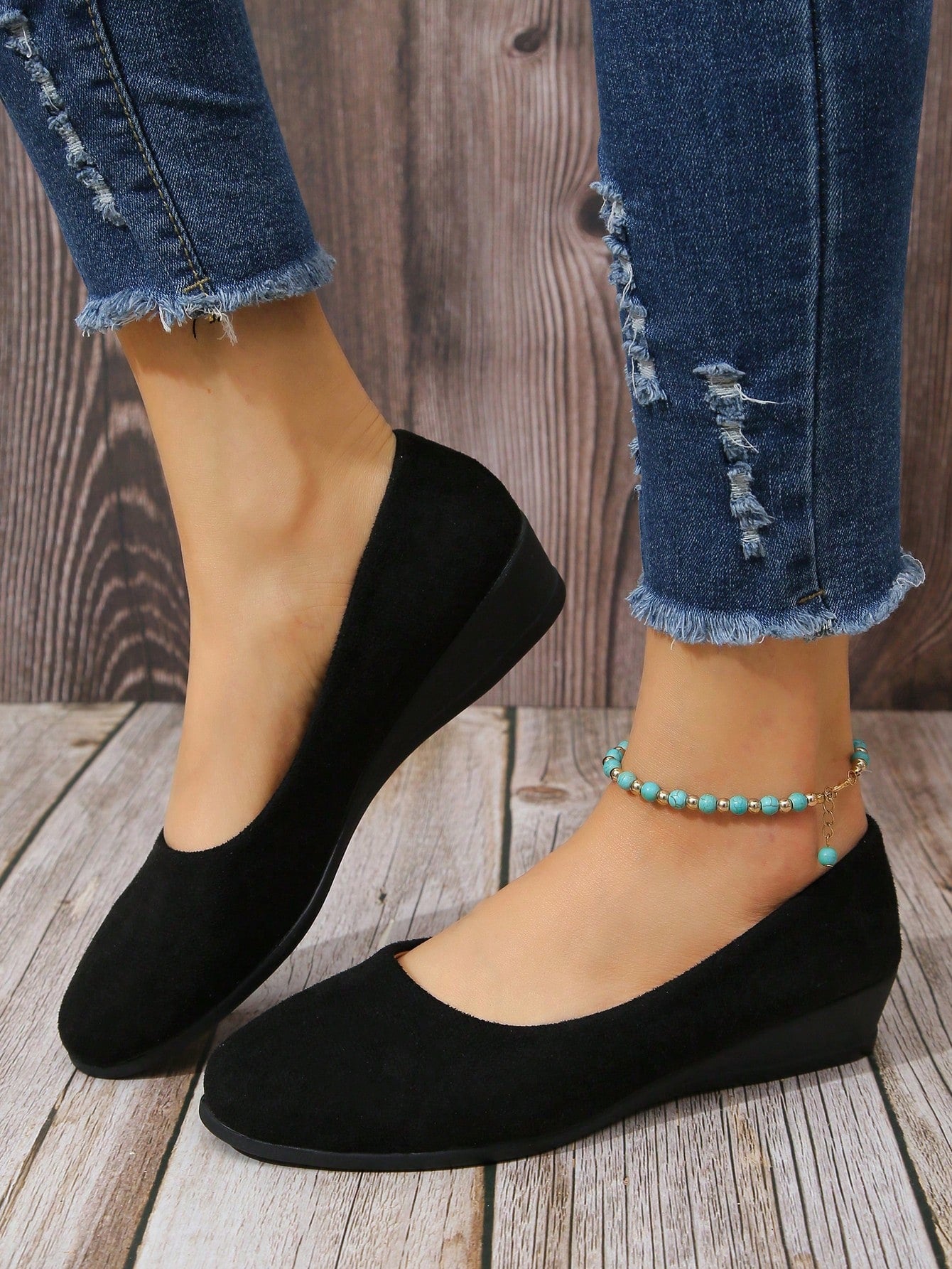 Women Slip-On Flats, Elegant Black Faux Suede Court Wedges