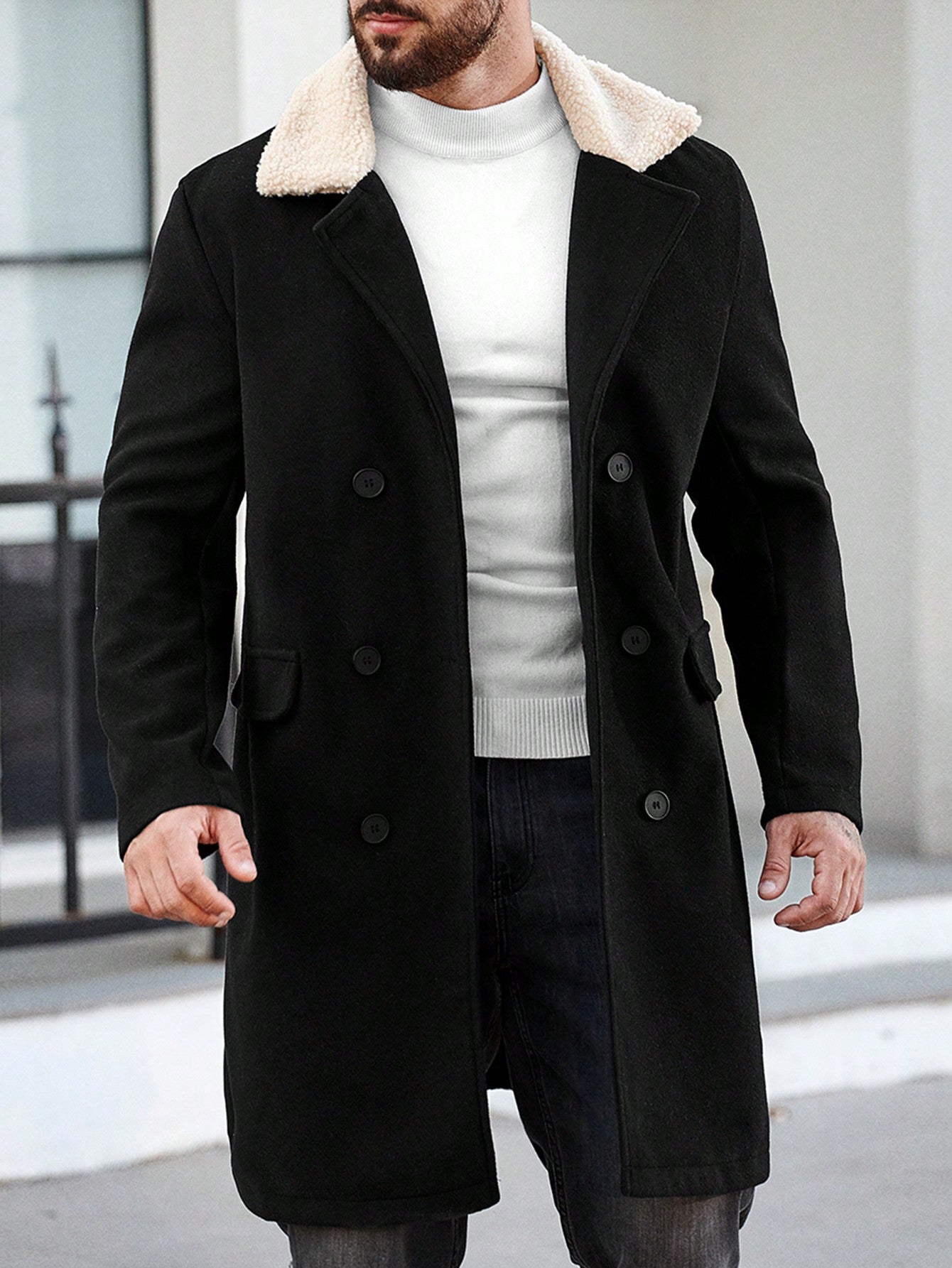 Men's Color-Block Teddy Fur Lapel Double-Breasted Overcoat