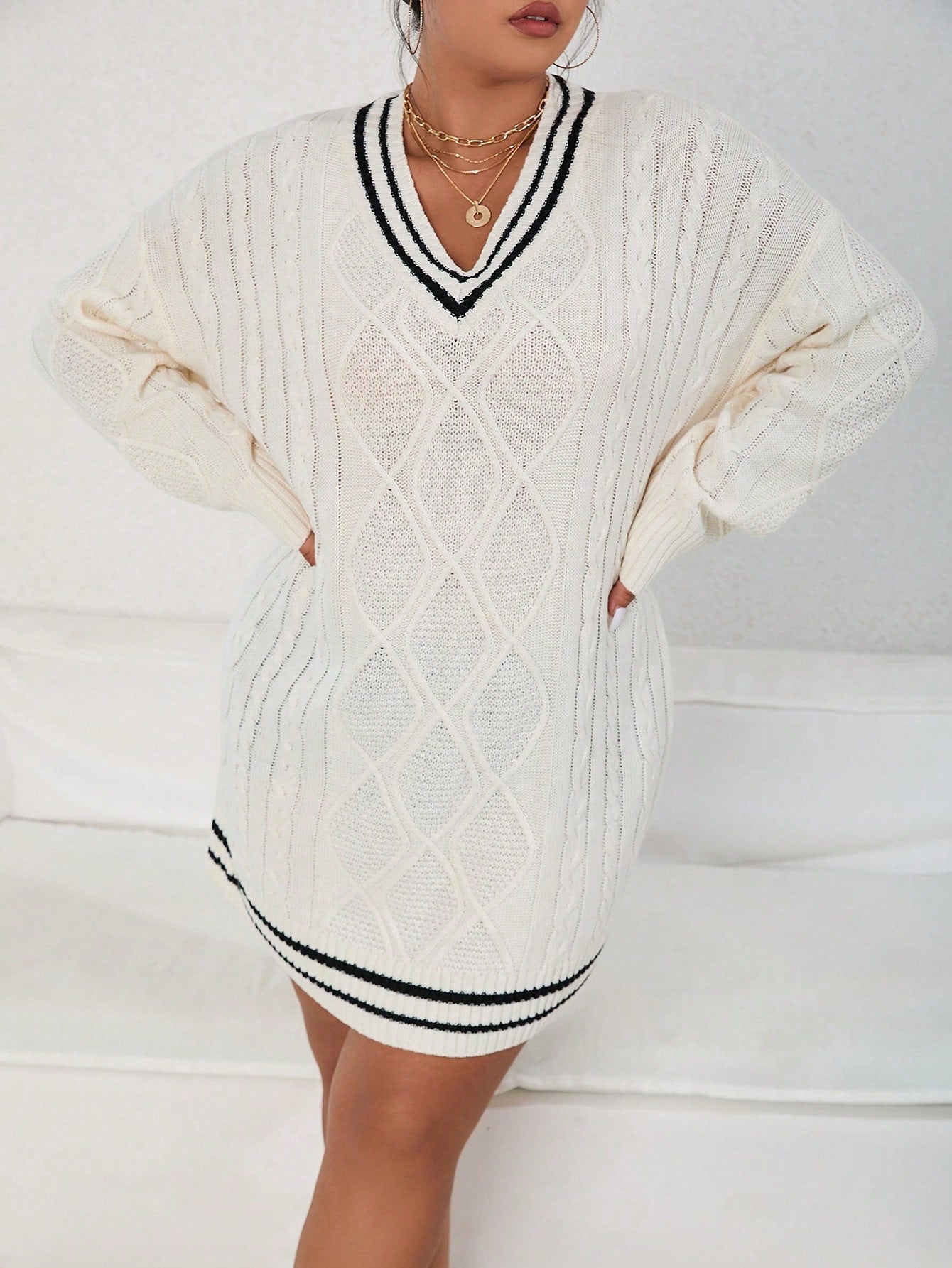 Plus Cable Knit Contrast Trim Drop Shoulder Sweater Dress