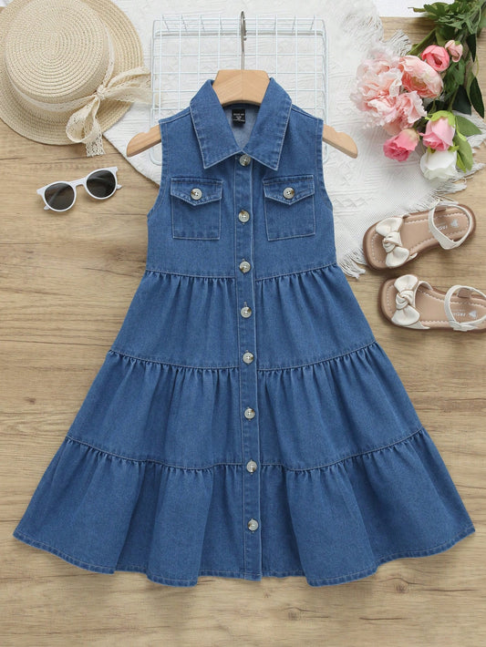 Young Girl Flap Pocket Ruffle Hem Denim Dress