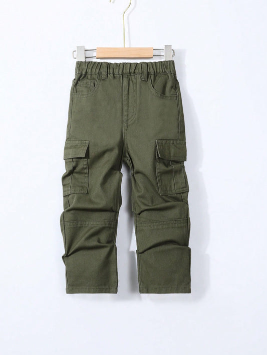 Young Boy Street Urban Casual  Green Elastic Waist  Cargo Straight Jeans With Flat Pockets