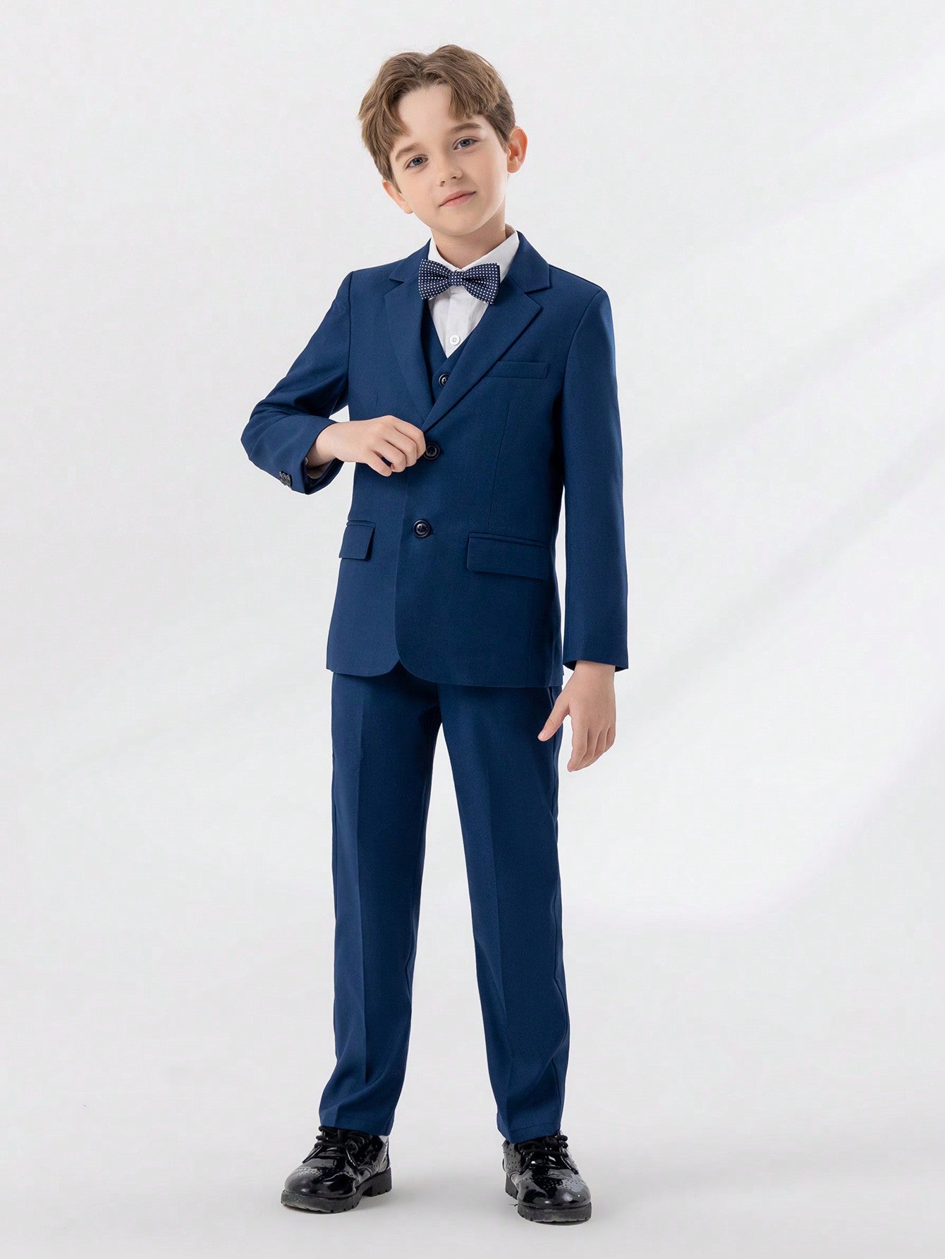 Young Boy 4pcs Gentleman Formal Suit Set With Lapel Jacket, Vest, Pants And Necktie, Spring