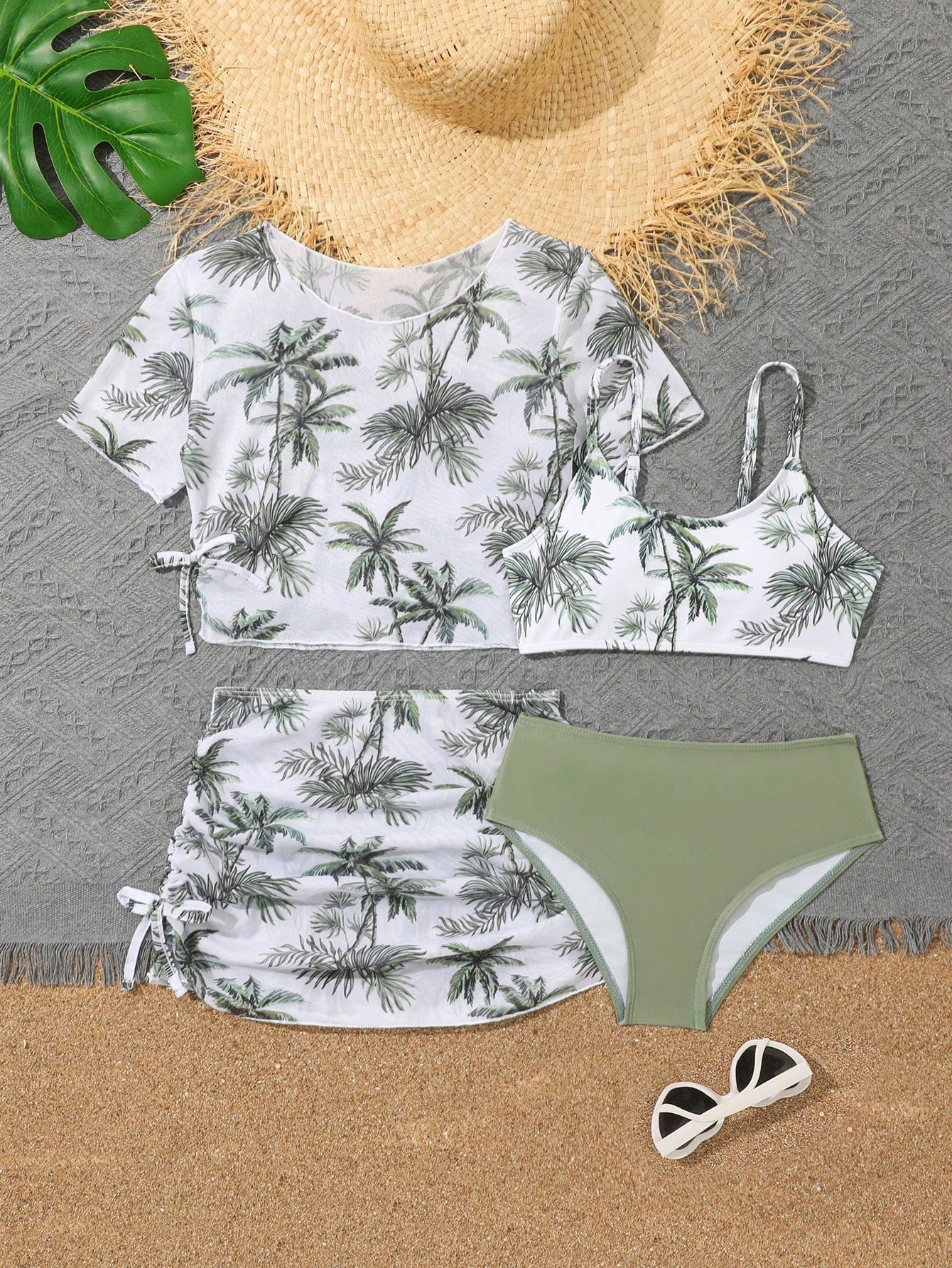 Tween Girl Tropical Printed Ruched Bikini Set With Drawstring Set, Short Sleeve Bathing Suit Beach Outfit Summer Vacation Summer Beach