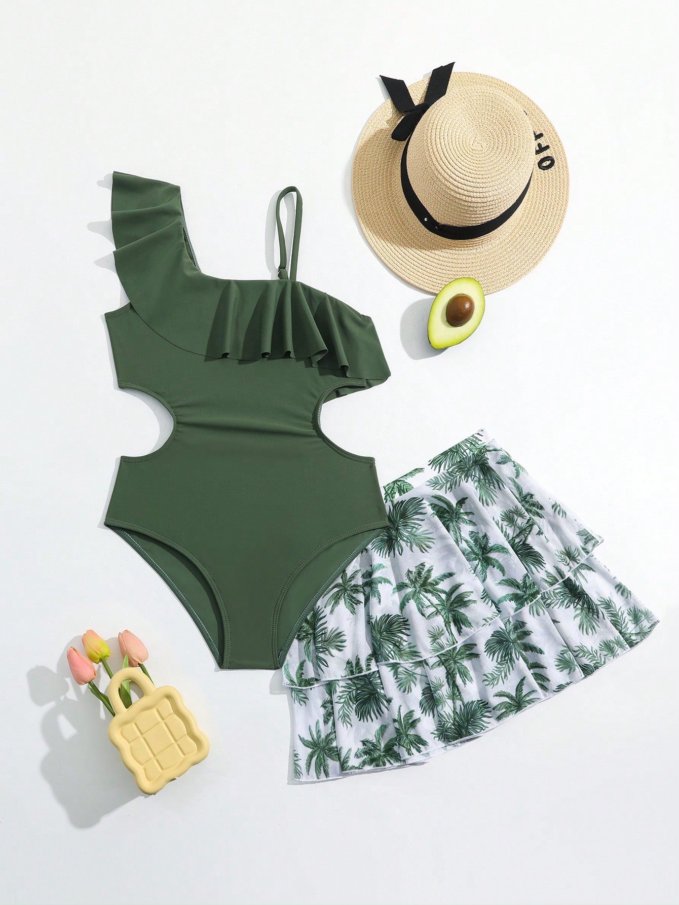 Tween Girls Solid Ruffle Trim One-Piece Swimsuit And Coconut Resort Print Skirt Two-Piece Set