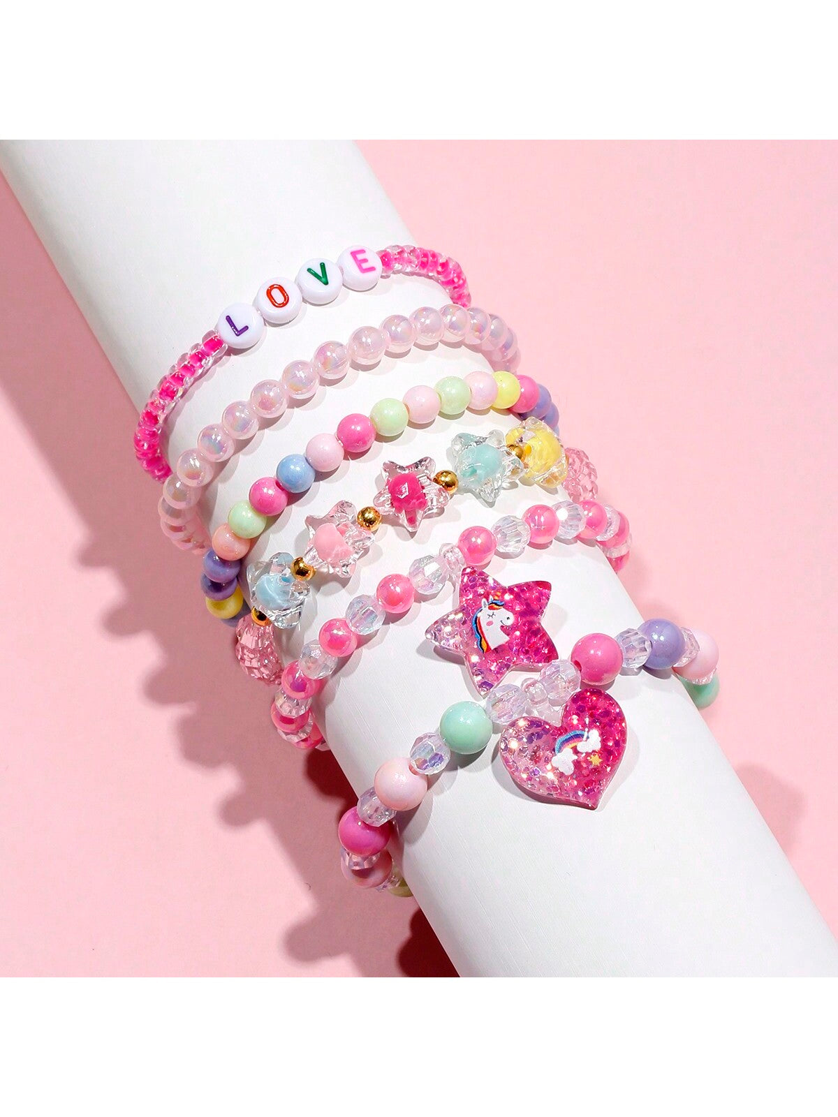 6pcs/set Girl's Five-pointed Star & Peach Heart Charm Beaded Bracelet With Random Color