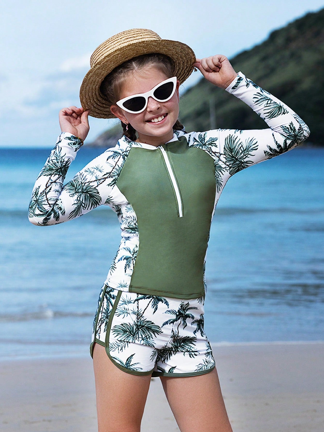 Tween Girl Tropical Print Raglan Long Sleeve Zipper Front Top And Shorts Tankini Swimsuit Set