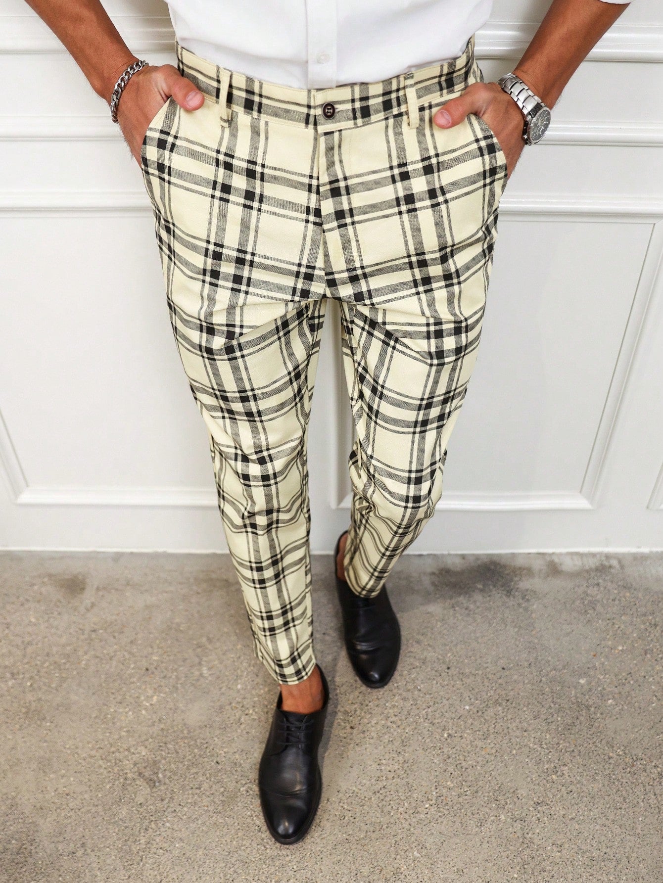 Men Plaid Print Slant Pocket Suit Pants