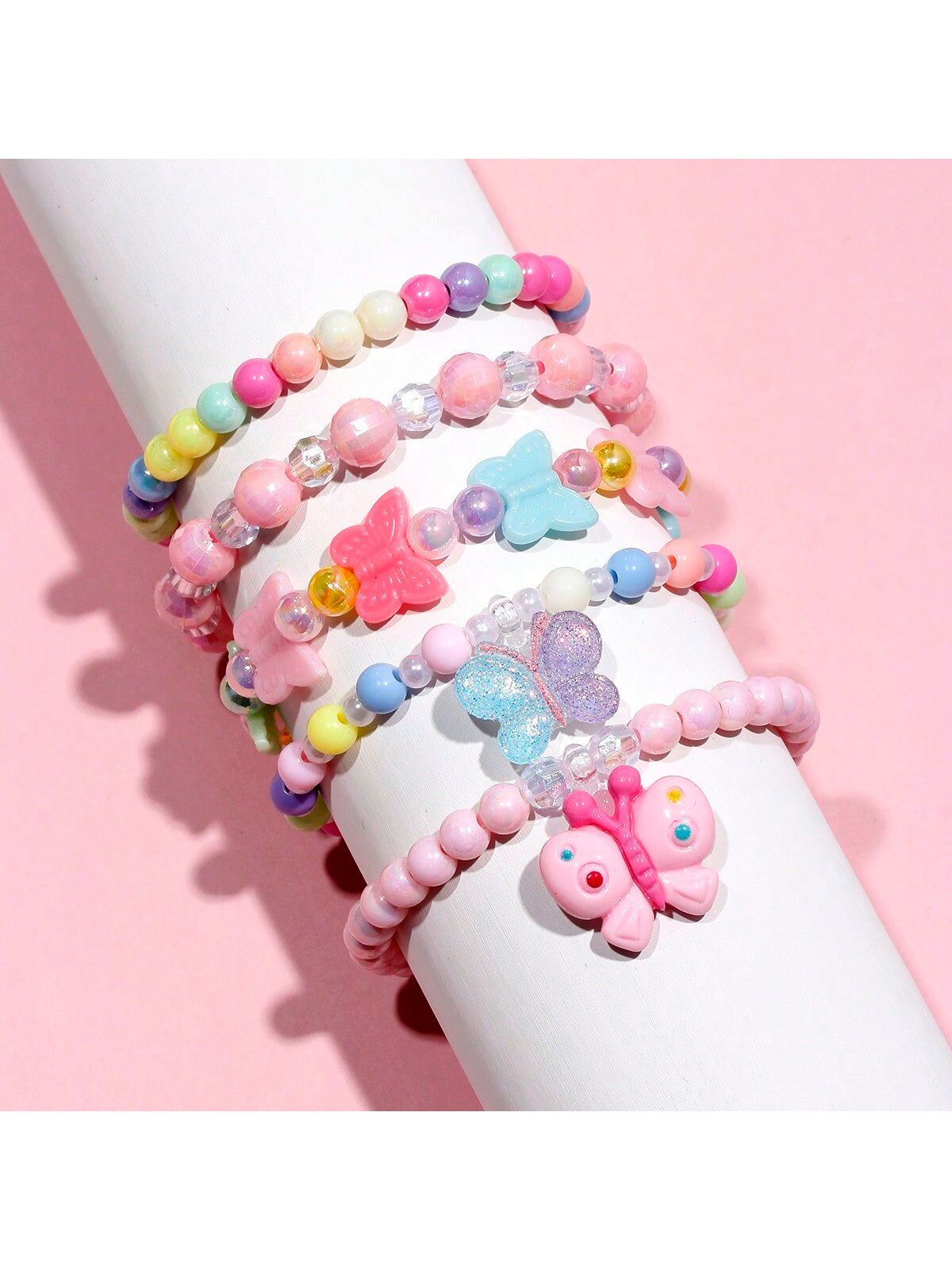 5pcs/set Girl's Resin Butterfly Pendant Charm Beaded Bracelets Set With Random Bead Colors