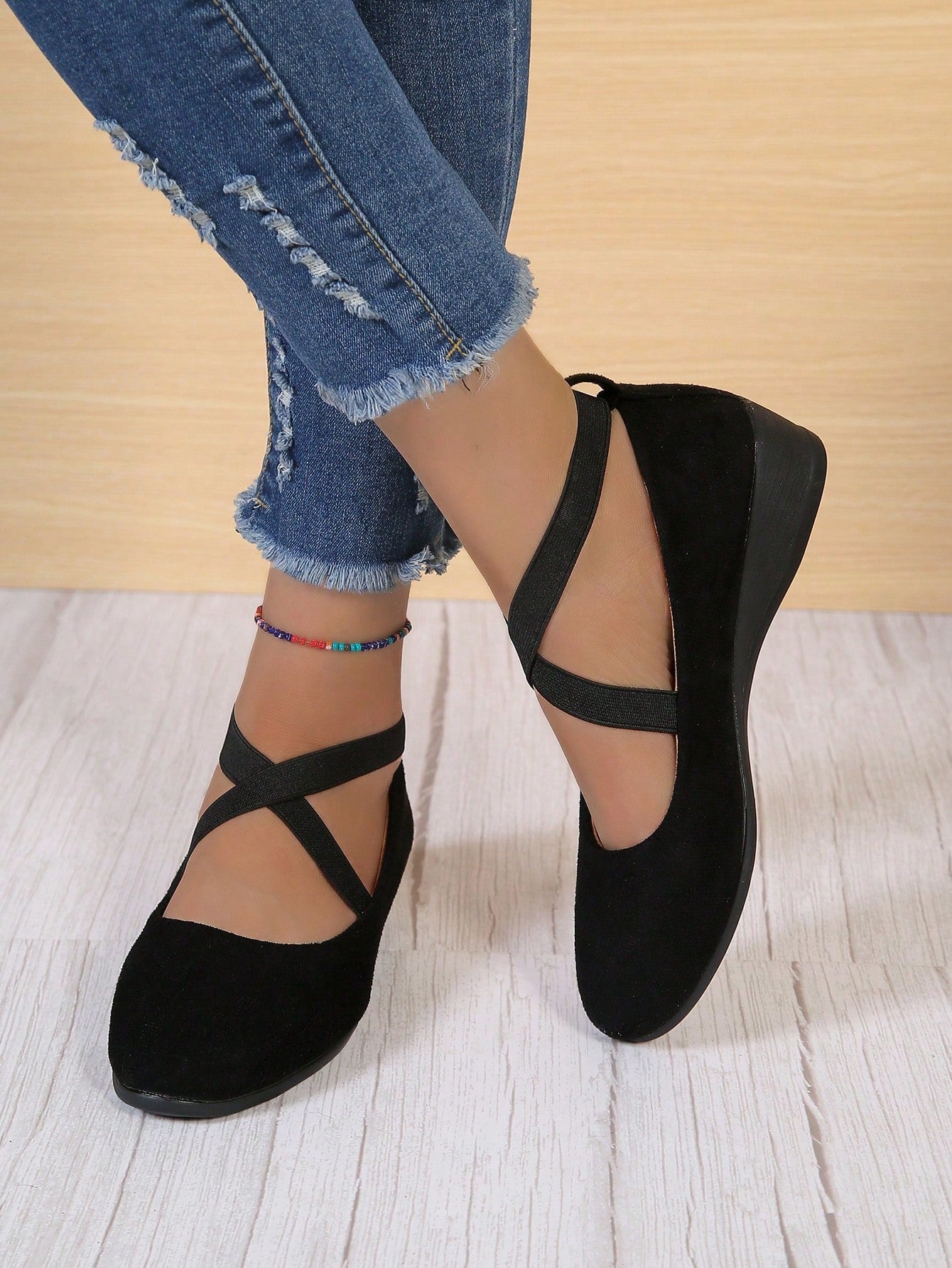 Elegant Black Court Wedge Shoes For Women, Cross Strap Faux Suede Shoes