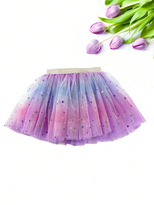 Young Girls' Gradient Mesh Skirt With Moon, Star & Glitter Sequins For Dance, Festival Performance Dress-Up