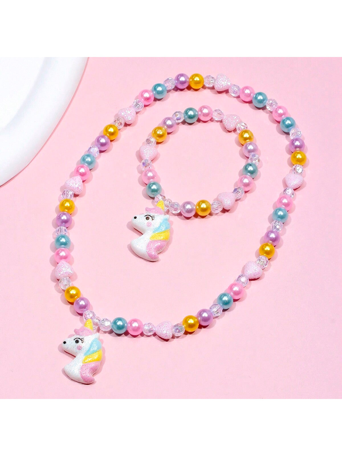 2pcs/Set Girls' Lovely Unicorn Pendants Charm Beaded Bracelet & Necklace Set, Random Color For Festival Parties Birthday Gifts Accessories