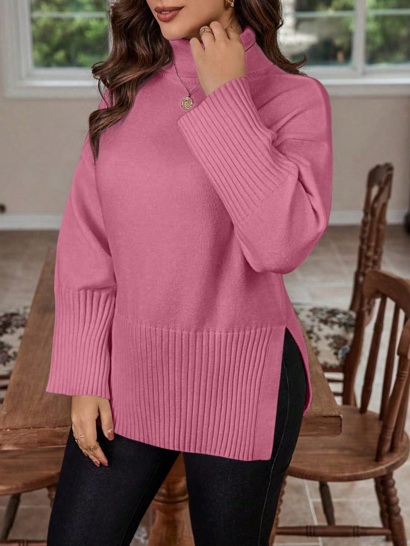 Plus Turtleneck Drop Shoulder Split Hem Sweater