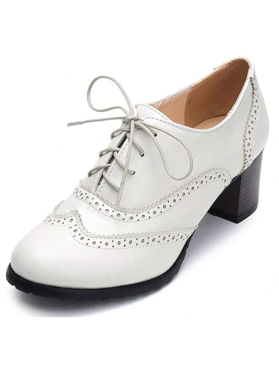 Black PU Leather Wingtip Lace Up Mid Heel Elegant Oxfords Pumps Shoes For Women