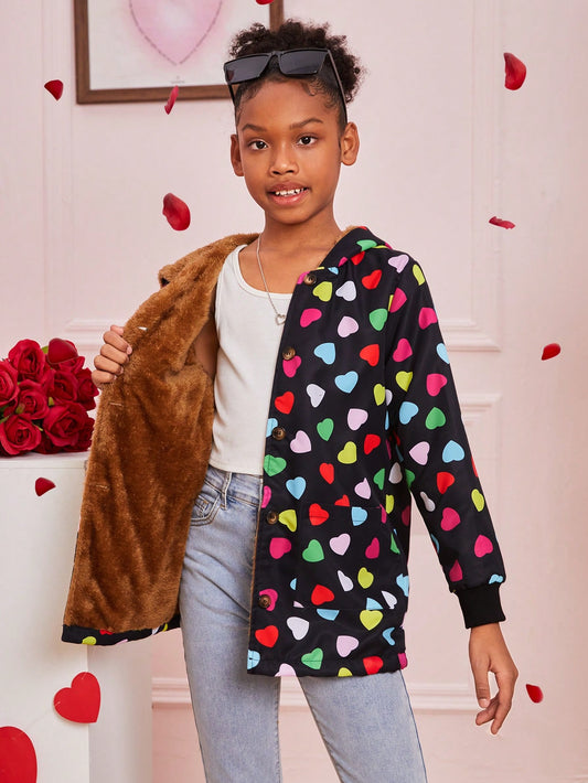 Tween Girl Heart Print Teddy Lined Hooded Coat