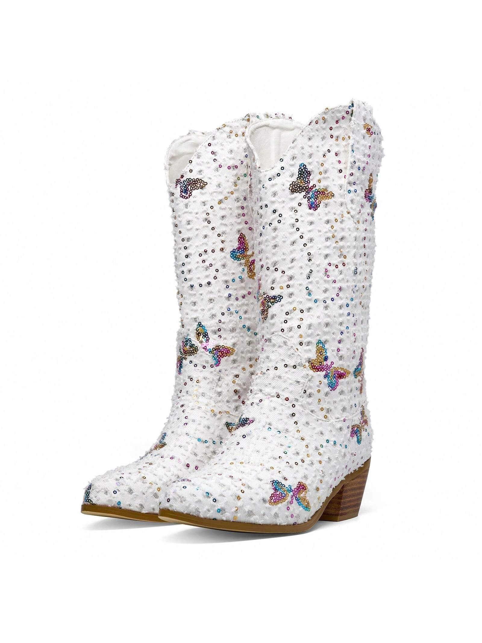 Shiny Sequin Denim Cowboy Boots For Women Pointed Toe Chunky Stacked Heel Mid Calf Western Boots