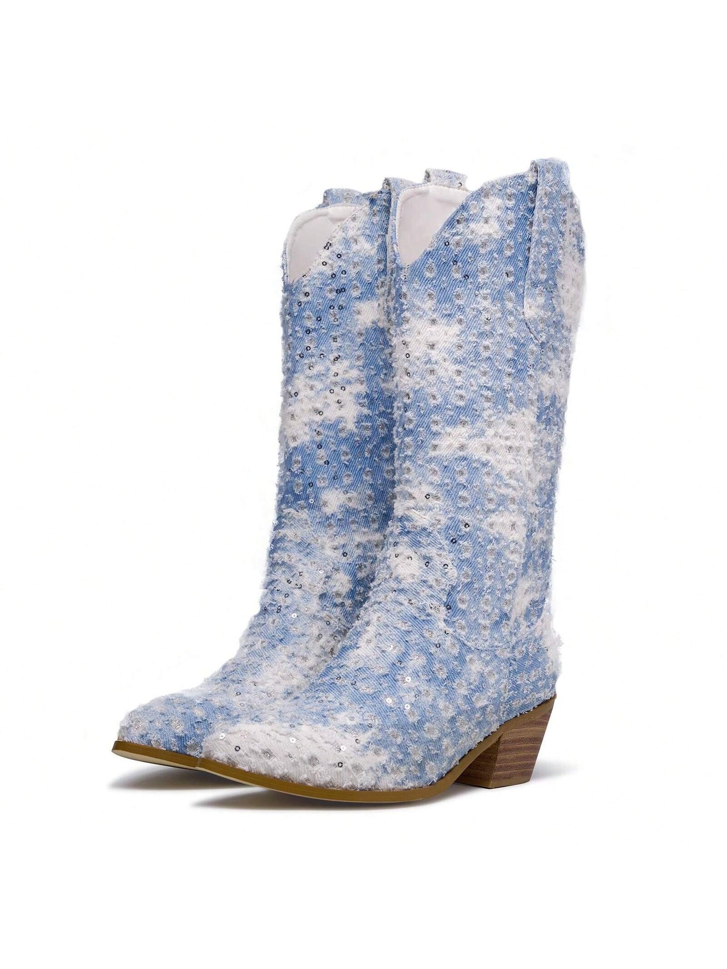 Shiny Sequin Denim Cowboy Boots For Women Pointed Toe Chunky Stacked Heel Mid Calf Western Boots