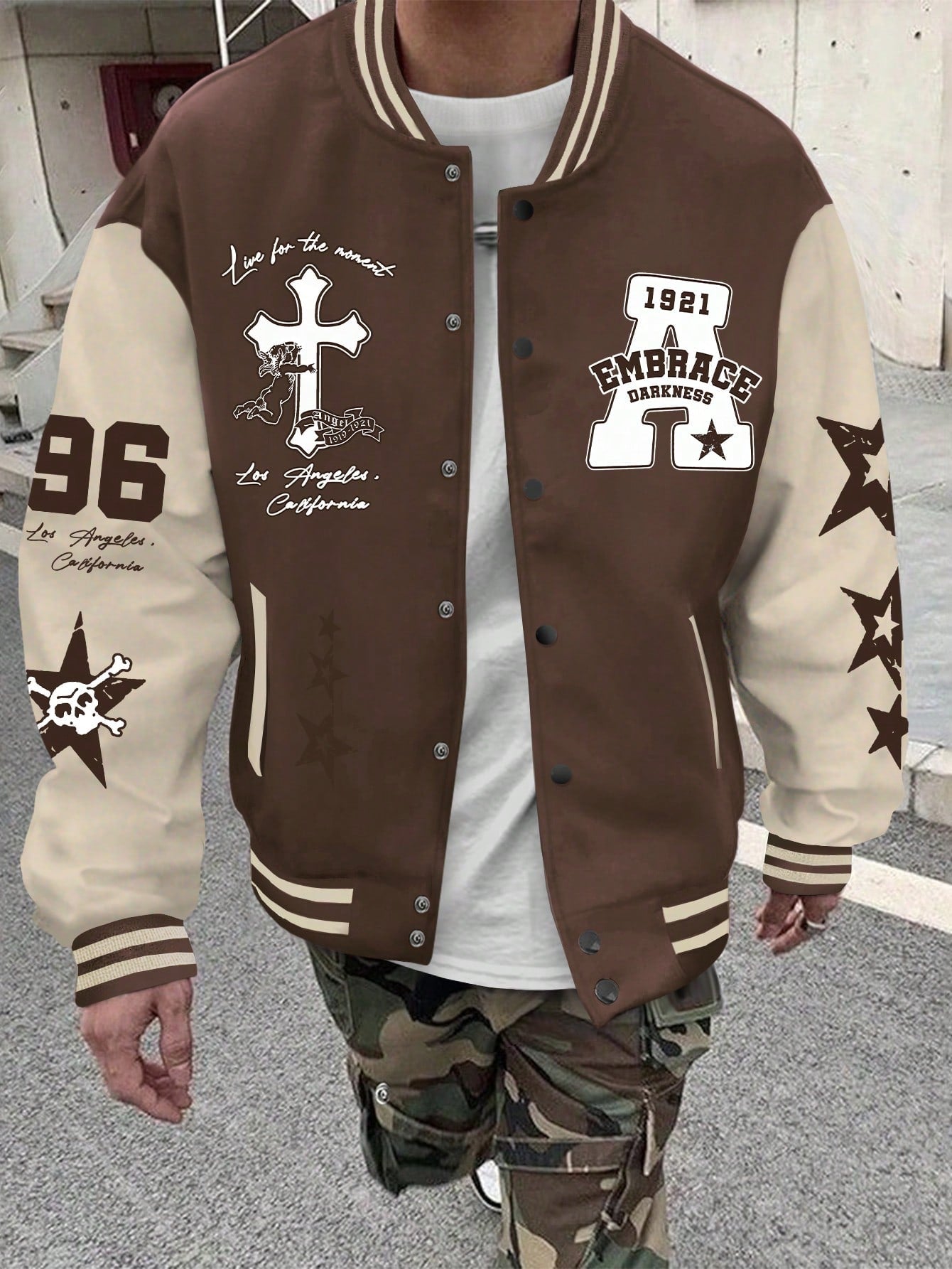 Oversized Men's Color-Block Varsity Jacket With Slogan, Cross & Graphic Print, Striped Trim