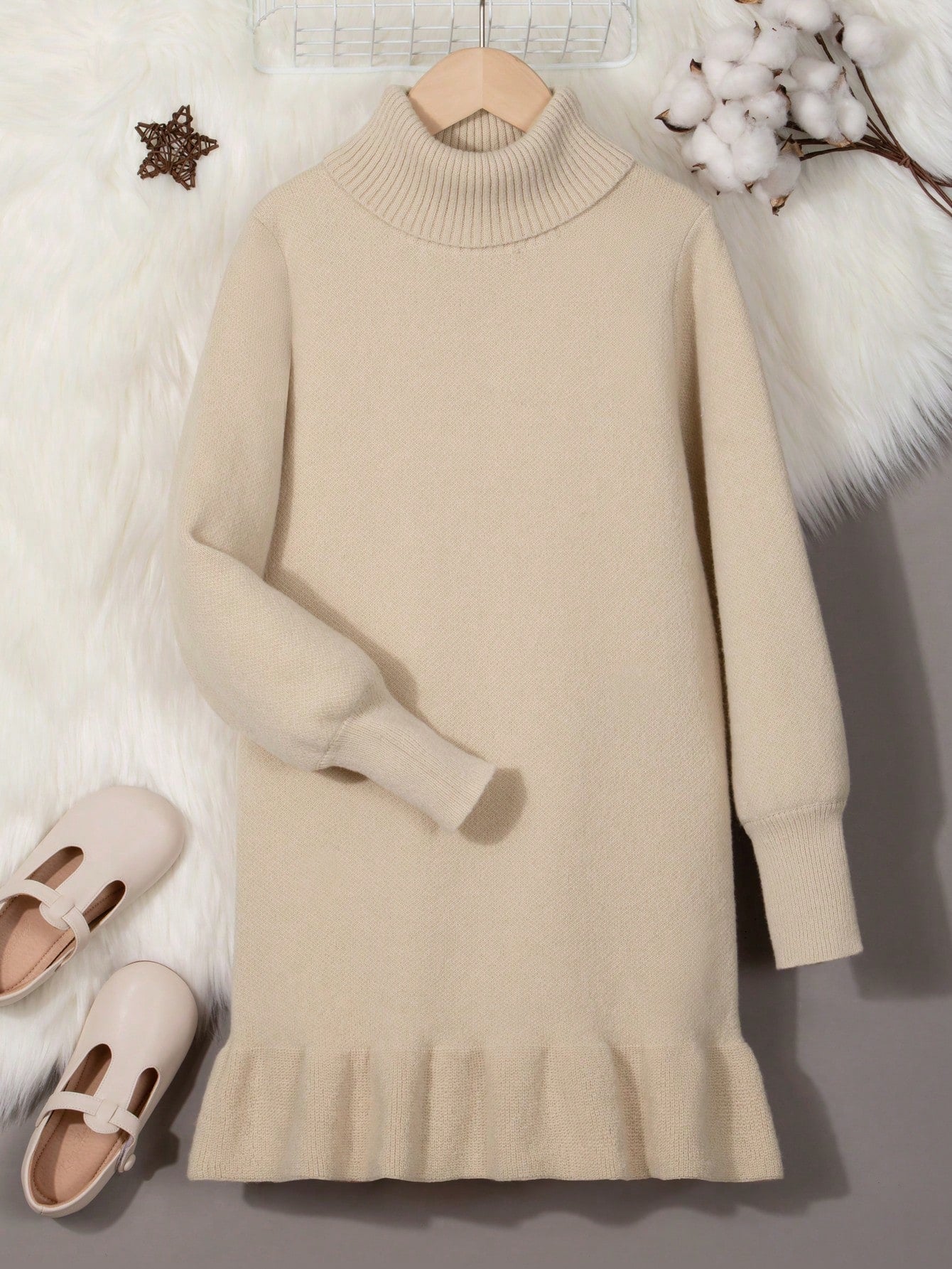 High Collar Girl's Ruffle Hem Sweater Dress