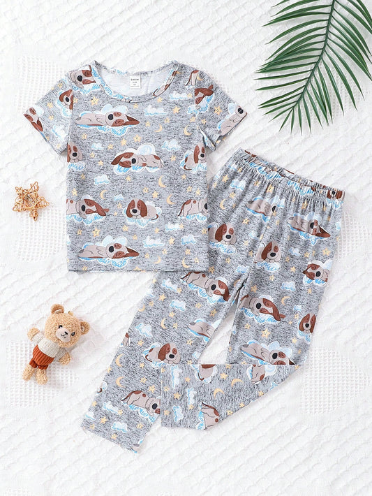 Toddler Boys' Adorable Pug Printed Short Sleeve Round Neck T-Shirt And Pants Comfortable Pajama Set