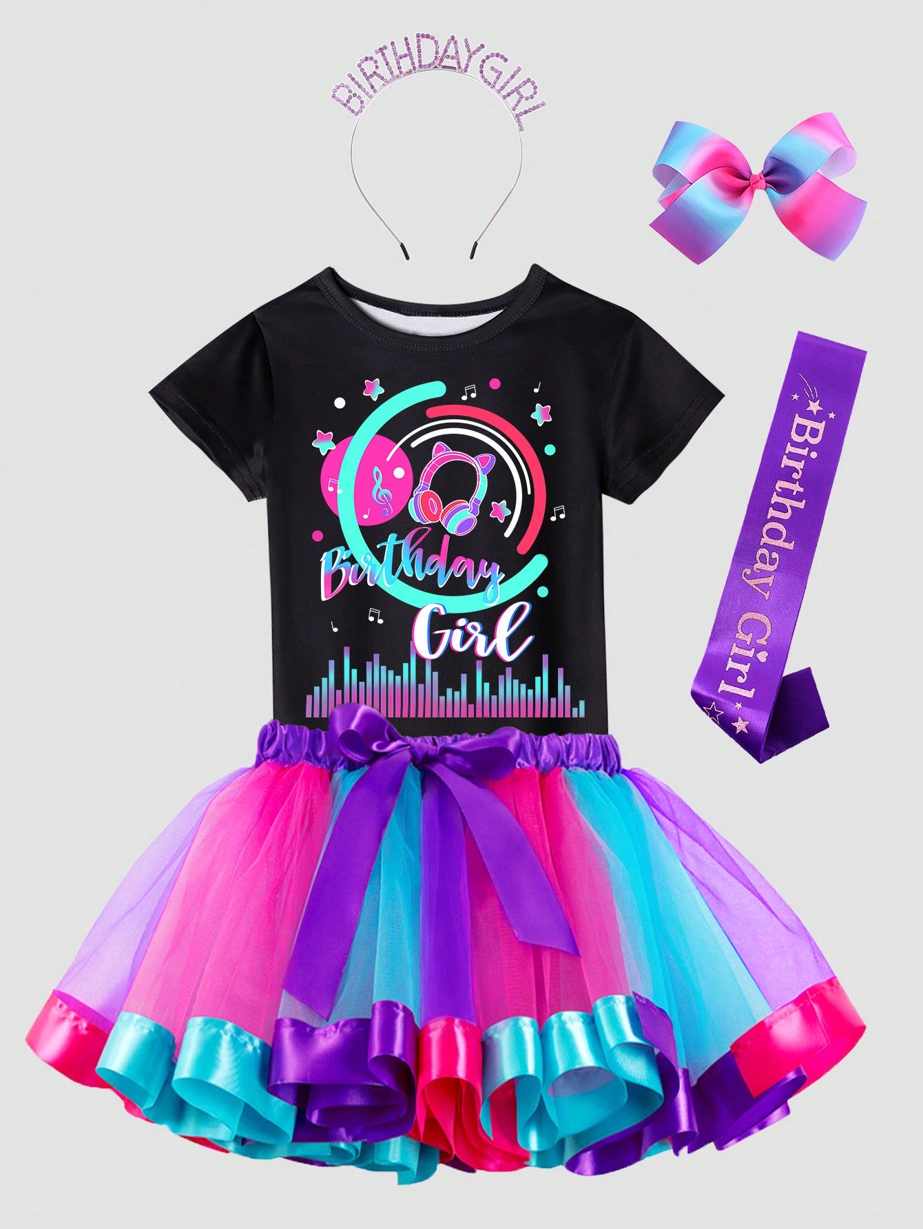 Young Girl Birthday Music T-Shirt And Colored Tulle Skirt Set With Headband, Hair Clips, And Satin Ribbon