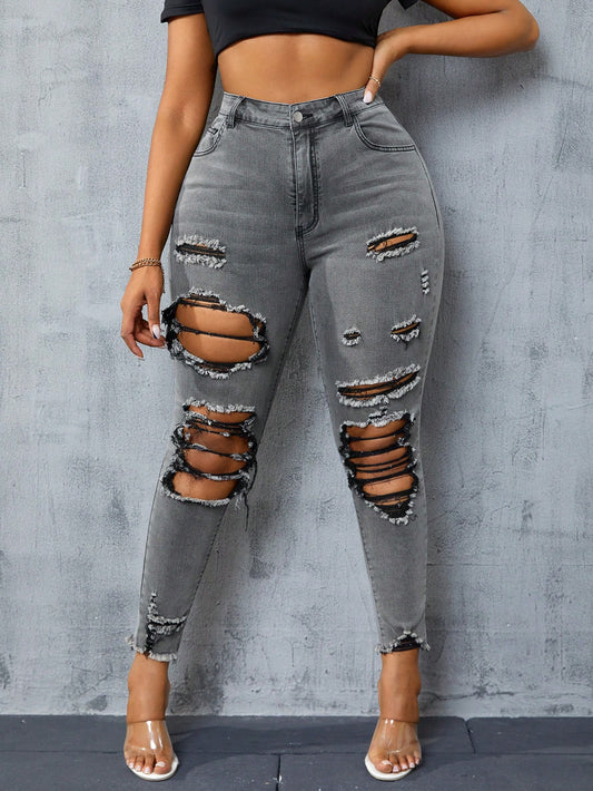 Plus Size Distressed Water Washed Denim Jeans