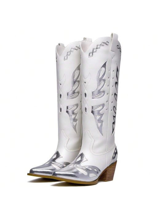 Silver Metallic Cowboy Boots Embellished Butterfly Knee High Cowgirl Boots Under The Knee Cowboy Boots