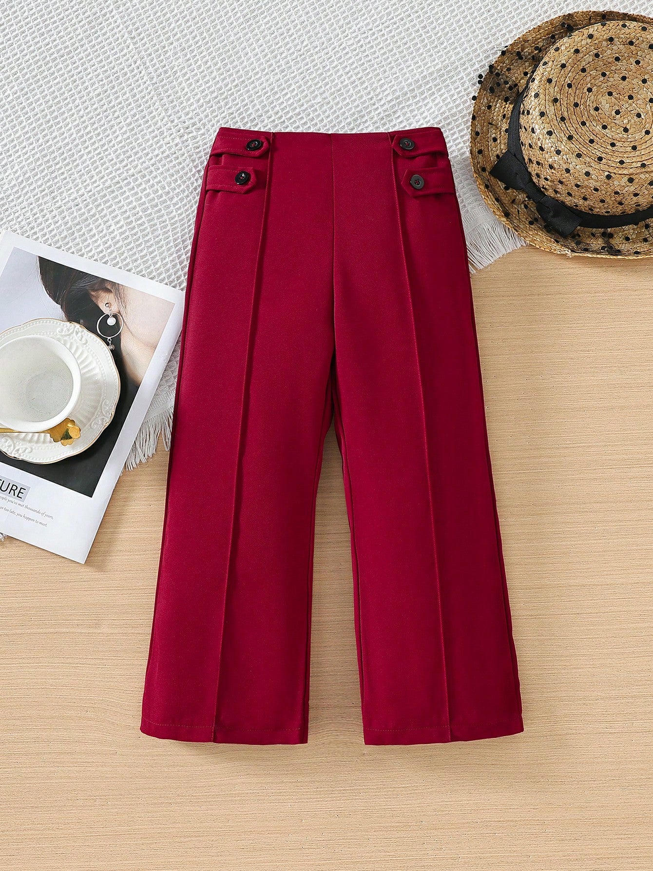 Young Girl Button Detail Seam Detail Straight Leg Pants