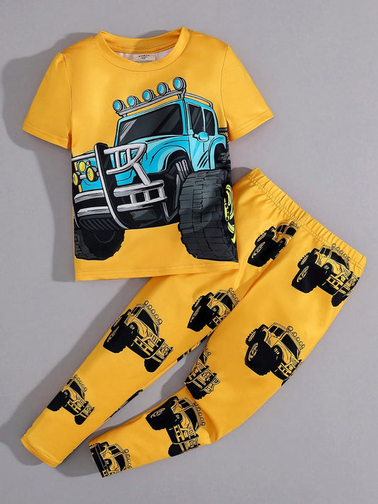 Young Boy Cute Casual Off-Road Vehicle Print Snug Fit Pajama Set