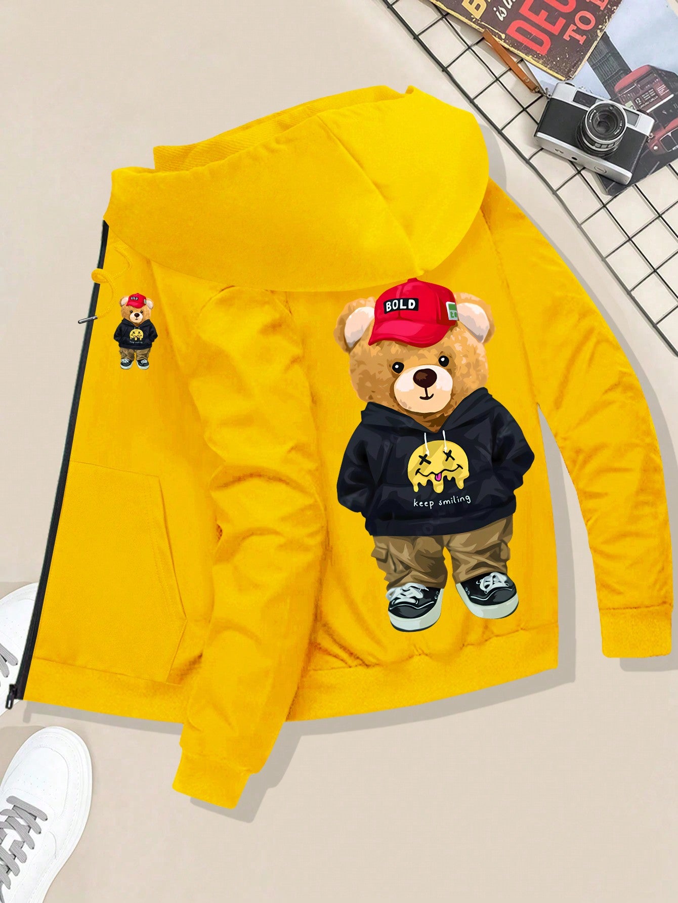 Men's Retro American Style Personalized Teddy Bear Pattern Printed Windproof And Warm Outdoor Jacket For Casual, Sport, Running, Walking, Camping