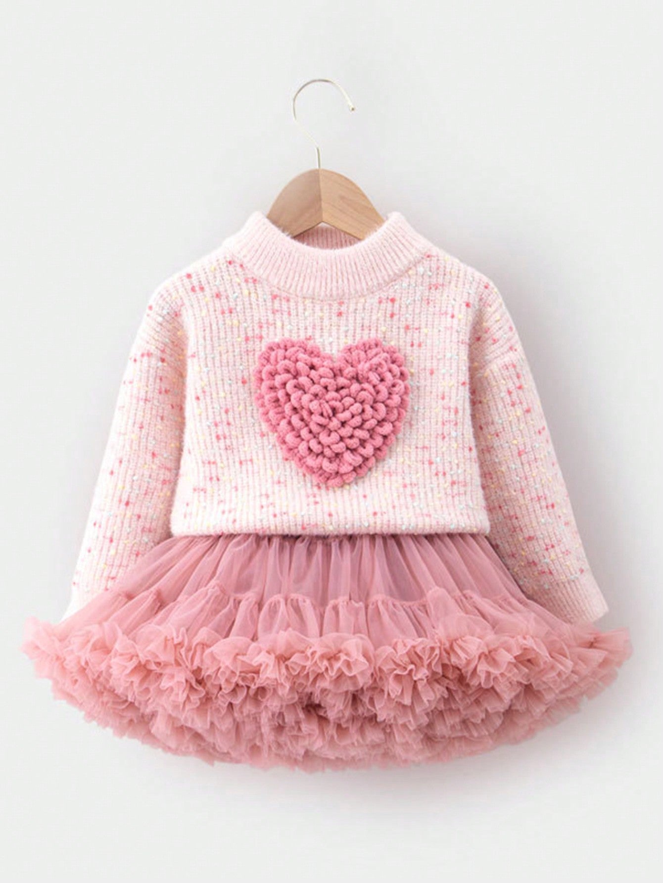 Tween Girls' 3d Heart & Polka Dot Pattern Long Sleeve Sweater