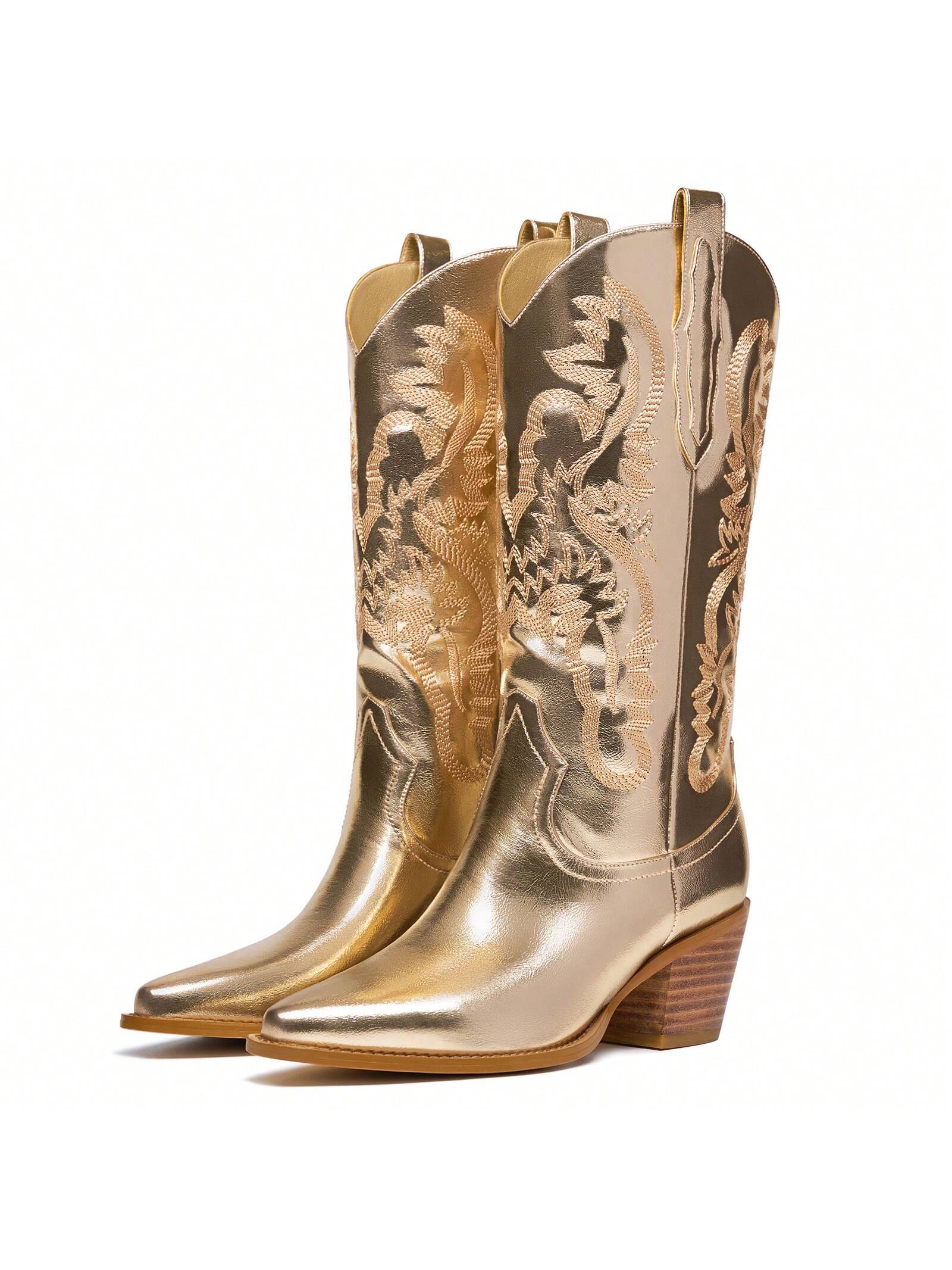 Western Embroidered Metallic Cowboy Mid Calf Boots