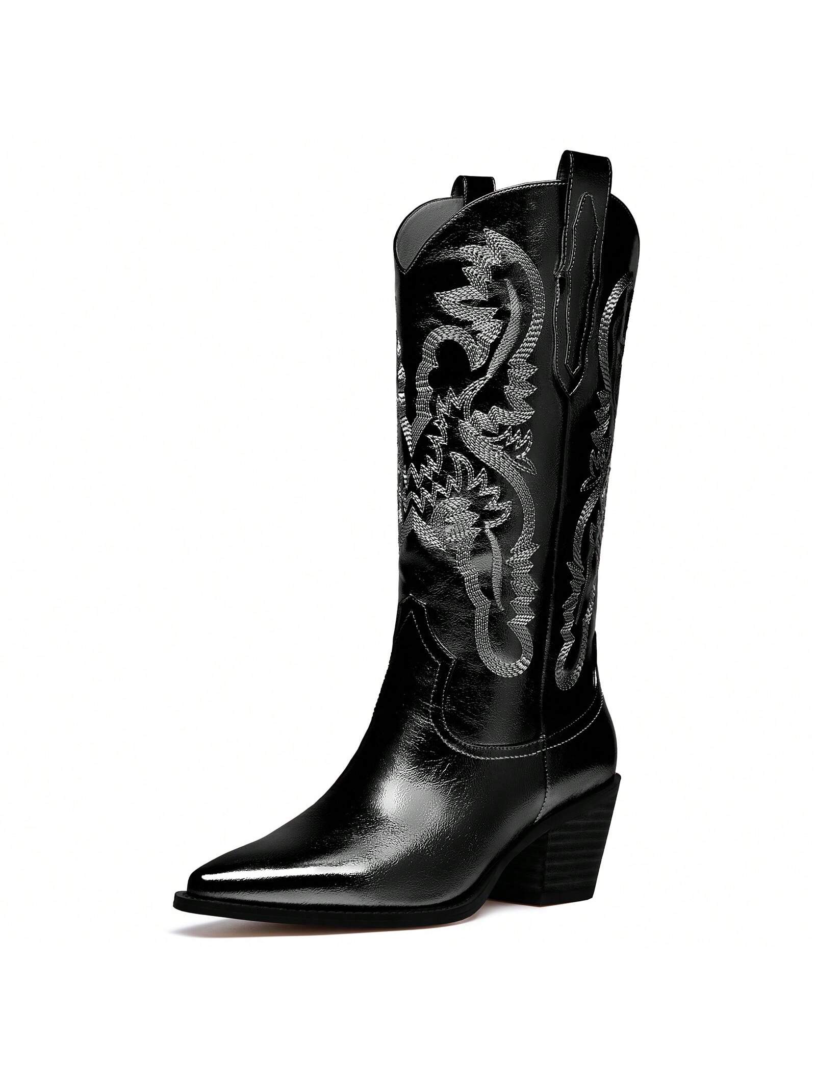 Western Embroidered Metallic Cowboy Mid Calf Boots