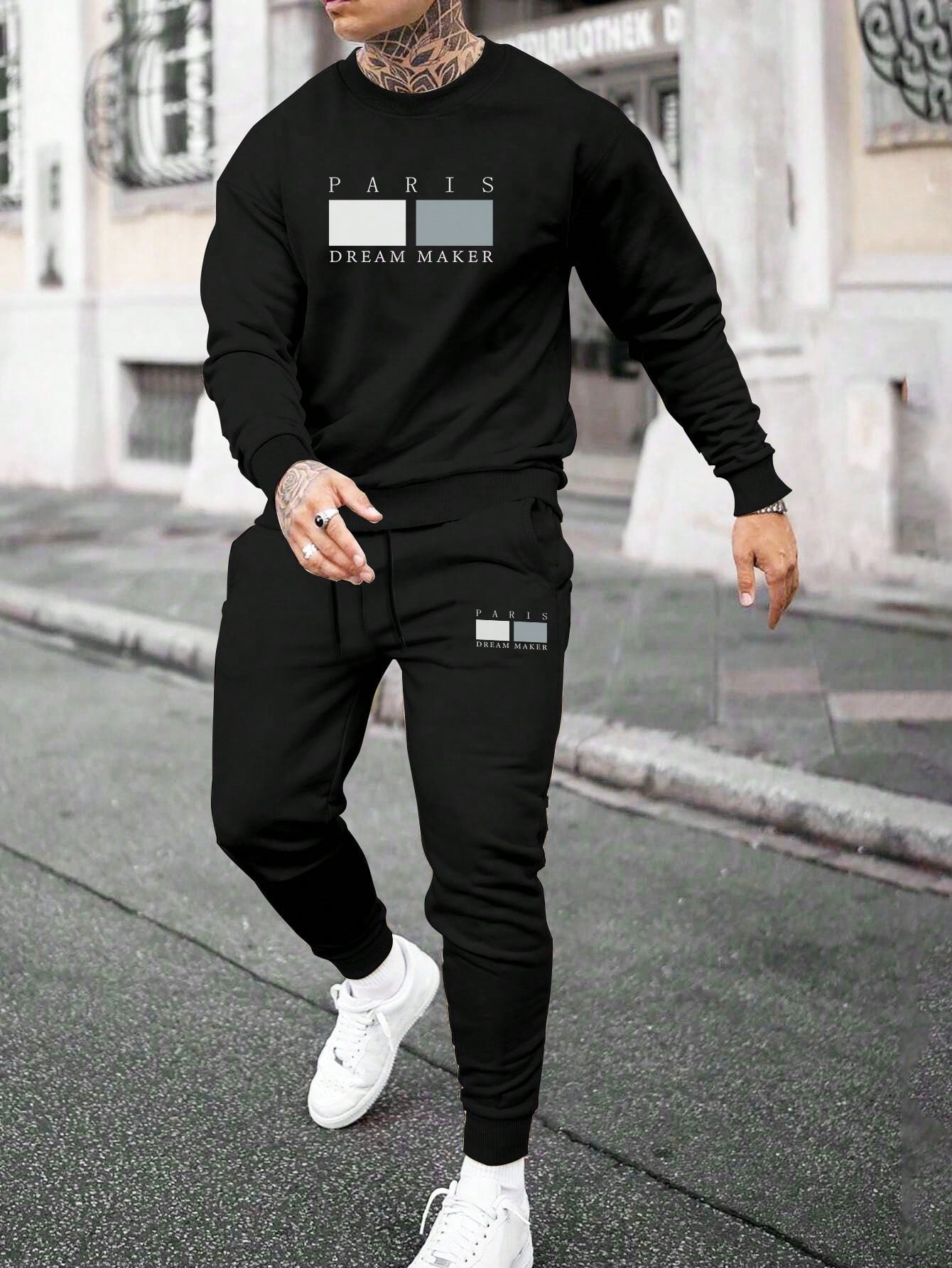 Men's Letter Printed Round Neck Sweatshirt And Drawstring Waist Sweatpants Two Piece Set