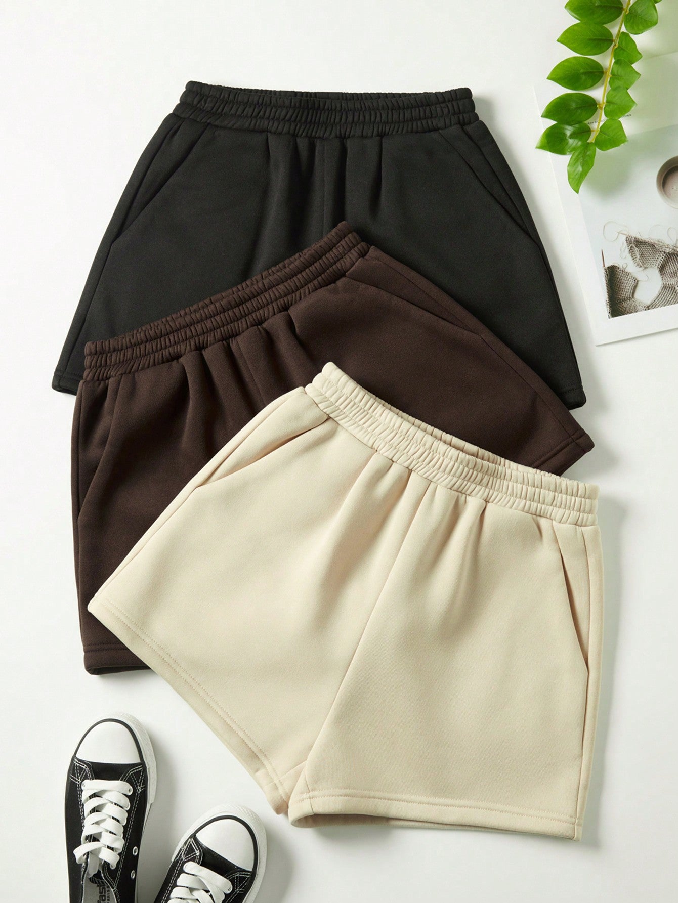 3pcs Solid Elastic Waist Track Shorts