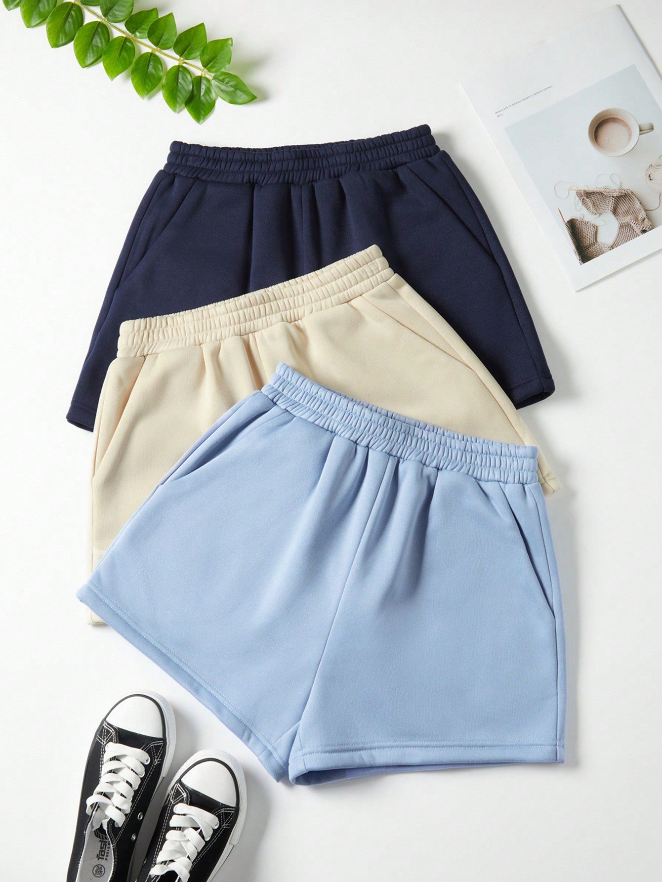 3pcs Solid Elastic Waist Track Shorts