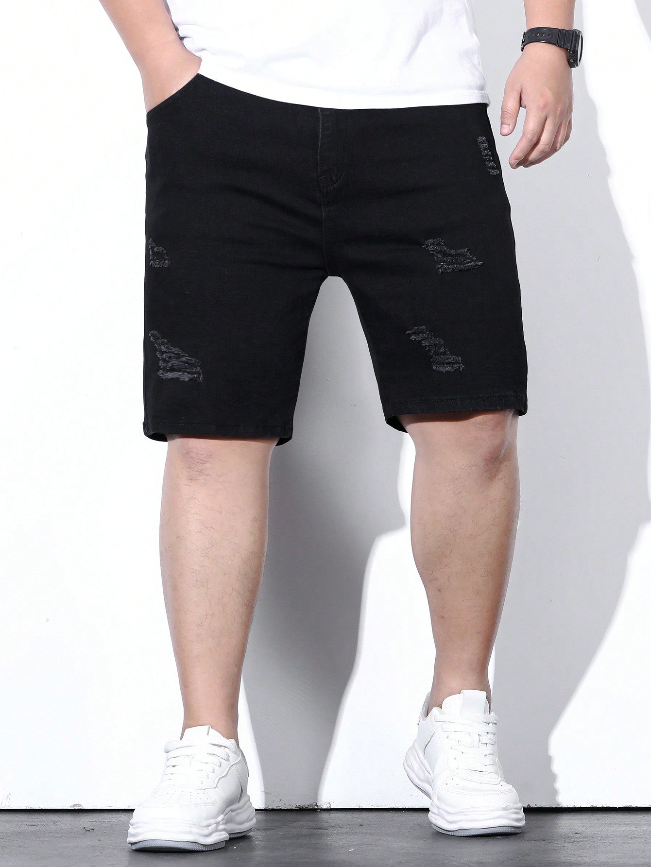 Men's Plus Size Solid Color Distressed Denim Shorts With Pockets, Summer Casual Jean Shorts