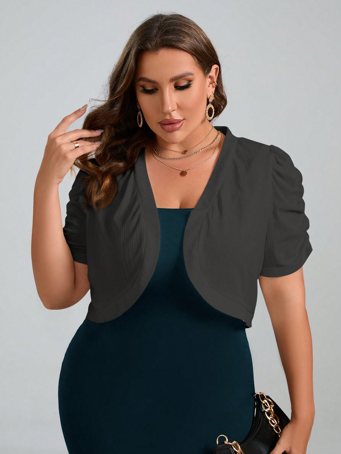 Plus Size Puff Sleeve Open Front Crop Jacket