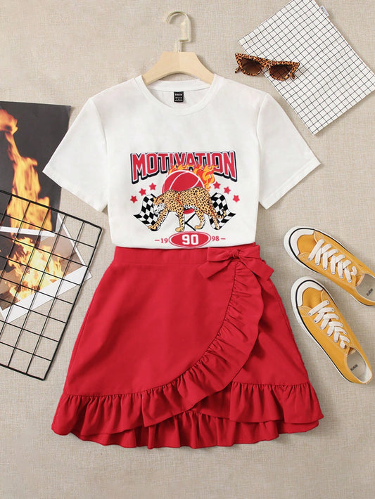 Women's Leopard & Letter Print T-Shirt And Skirt Set