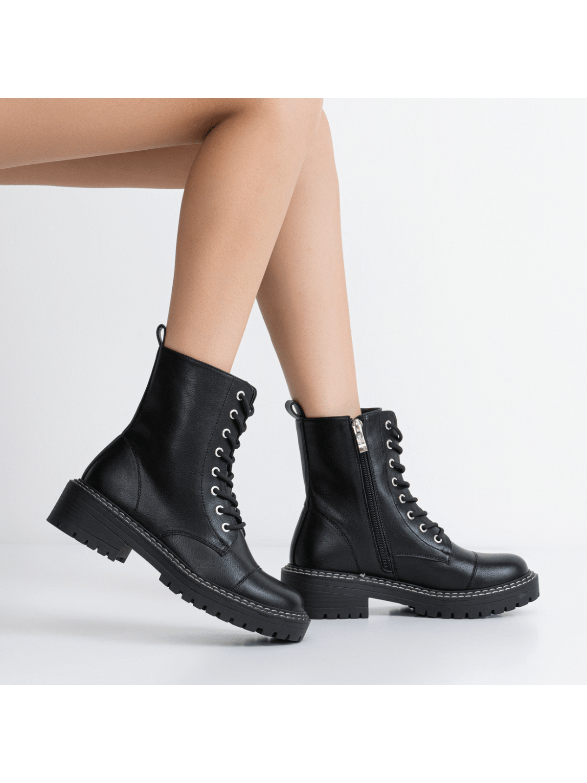 Women'S 9629 Fashion Combat Ankle Boots, Lace Up Booties With Inner Zipper